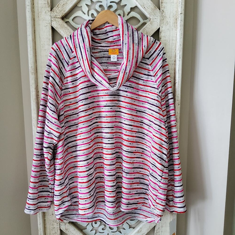 Ruby Rd Women Plus 3X Long Sleeve Candy Space Dye Striped Chenille Cowl Neck Top